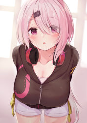 Rule 34 | 1girl, absurdres, blush, breasts, brown jacket, cleavage, collarbone, commentary request, eyes visible through hair, hair ornament, hair over one eye, hairclip, headphones, headphones around neck, highres, hood, hood down, hooded jacket, jacket, leaning forward, long hair, looking at viewer, medium breasts, nijisanji, parted lips, pink hair, racchi., red eyes, shiina yuika, shiina yuika (2nd costume), short shorts, shorts, solo, very long hair, virtual youtuber, white shorts, window