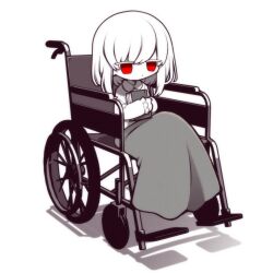 Rule 34 | 1girl, book, colored skin, commission, funamusea (artist), grey skirt, highres, holding, holding book, no mouth, original, red eyes, shadow, shirt, short hair, sitting, skeb commission, skirt, solo, wheelchair, white background, white hair, white shirt, white skin