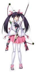 Rule 34 | arrow (projectile), bow (weapon), game cg, holding, holding weapon, japanese clothes, kimono, lilith-soft, lowres, pink ribbons, purple eyes, purple hair, sandals, sengoku makan, socks and sandals, sword, twintails, weapon, white background, yoshikage asakura (sengoku makan)