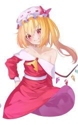 Rule 34 | 1girl, alternate costume, ascot, bare shoulders, blonde hair, blush, brooch, closed mouth, collarbone, crystal, dress, flandre scarlet, hand on own hip, hat, hat ribbon, head tilt, highres, jewelry, long hair, long sleeves, looking at viewer, multicolored wings, off-shoulder dress, off shoulder, one side up, red brooch, red dress, red eyes, red ribbon, ribbon, ribbon-trimmed headwear, ribbon trim, simple background, smile, solo, tachibana shiori (suica 112), touhou, upper body, v-shaped eyebrows, white background, white hat, wings, yellow ascot