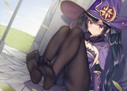Rule 34 | 1girl, absurdres, black hair, black pantyhose, blush, capelet, closed mouth, day, detached sleeves, dutch angle, floating hair, genshin impact, hair between eyes, hat, highres, long hair, long sleeves, mona (genshin impact), outdoors, pantyhose, purple capelet, purple hat, purple sleeves, red eyes, sitting, solo, strapless, sweatdrop, twintails, very long hair, white (user gpgw2383), witch hat