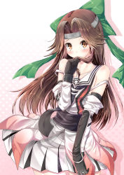 Rule 34 | 10s, 1girl, bad id, bad pixiv id, blush, brown eyes, brown hair, covering own mouth, detached sleeves, elbow gloves, forehead protector, gloves, hachimaki, hair intakes, half updo, headband, highres, inu3, jewelry, jintsuu (kancolle), jintsuu kai ni (kancolle), kantai collection, long hair, necktie, ring, school uniform, serafuku, simple background, solo, wedding band