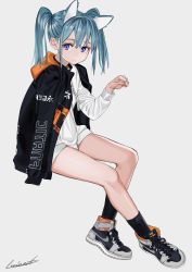Rule 34 | 1girl, air jordan, air jordan 1, animal ears, between legs, black jacket, black socks, blue hair, cat ears, closed mouth, fingernails, fnatic, from side, full body, hand between legs, highres, invisible chair, jacket, jacket on shoulders, long sleeves, looking at viewer, looking to the side, luicent, medium hair, open clothes, open jacket, original, paw pose, purple eyes, shoes, signature, simple background, sitting, sneakers, socks, solo, sweater, twintails, white background, white sweater