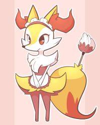Rule 34 | 1girl, alternate costume, animal ear fluff, animal ears, animal hands, animal nose, apron, black fur, body fur, braixen, closed mouth, clothed pokemon, creatures (company), duster, enmaided, expressionless, female focus, flat chest, fox ears, fox girl, fox tail, frilled apron, frills, full body, furry, furry female, game freak, gen 6 pokemon, hairband, heart, heart in eye, highres, jpeg artifacts, kaips, maid, maid headdress, multicolored hair, nintendo, outline, own hands together, pink background, pokemon, pokemon (creature), red eyes, simple background, snout, solo, standing, symbol in eye, tail, two-tone hair, v arms, waist apron, white apron, white fur, white outline, yellow fur