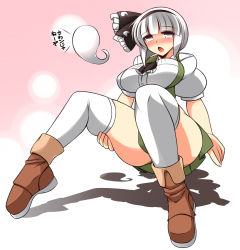 Rule 34 | 1girl, :o, ankle boots, blush, bob cut, boots, breasts, convenient leg, curvy, female focus, hair ribbon, hairband, hand on own thigh, highres, hitodama, konpaku youmu, konpaku youmu (ghost), large breasts, legs, looking at viewer, open mouth, ribbon, short hair, sitting, solo, thick thighs, thighhighs, thighs, touhou, ueda katsuhito, white hair, white thighhighs