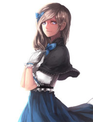 Rule 34 | 1girl, bad id, bad pixiv id, blonde hair, blue eyes, cowboy shot, cyphers, dress, female focus, gloves, long hair, looking at viewer, simple background, solo, standing, white background, zlfnrk