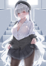 Rule 34 | 1girl, absurdres, azur lane, black headwear, black pantyhose, black skirt, black sweater, blush, breasts, button gap, classic (zildjian33), cleavage, clothes lift, collarbone, commentary request, cowboy shot, cross-shaped pupils, highres, large breasts, looking at viewer, naughty face, official alternate costume, pantyhose, red eyes, revision, scylla (azur lane), scylla (femme fatale fresher) (azur lane), shirt, skirt, skirt lift, smile, solo, stairs, sweater, symbol-shaped pupils, twintails, white hair, white shirt