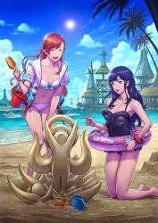 Rule 34 | 2boys, 3girls, alisaie leveilleur, alphinaud leveilleur, arina nary, beach, bikini, black hair, black one-piece swimsuit, blue eyes, bracelet, breasts, bucket, cleavage, final fantasy, final fantasy xiv, frilled swimsuit, frills, gaia (ff14), hair ribbon, highres, innertube, jacket, jacket over swimsuit, jewelry, kicking, laughing, lipstick, long hair, makeup, multiple boys, multiple girls, one-piece swimsuit, open clothes, open jacket, open mouth, palm tree, pink ribbon, red hair, red lips, ribbon, ryne waters, sand sculpture, shark fin, small breasts, smile, square enix, swim ring, swimming, swimsuit, thancred, tree, white bikini