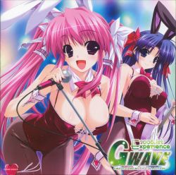 Rule 34 | 2girls, :d, album cover, animal ears, blue eyes, blue hair, blush, bow, breasts, cleavage, cover, covered erect nipples, detached collar, fake animal ears, hair bow, hair ribbon, heart, highres, large breasts, microphone, microphone stand, multiple girls, nail polish, open mouth, pantyhose, pink hair, playboy bunny, rabbit ears, ribbon, scan, shintarou, smile, twintails, two side up, wrist cuffs