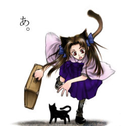 Rule 34 | animal ears, boots, brown hair, cat, cat ears, cat tail, skull mania, solo, suitcase, tail