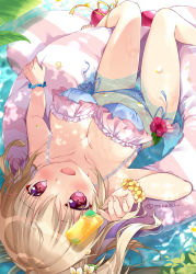 Rule 34 | 1girl, :d, bead bracelet, beads, bikini, blue bikini, bracelet, breasts, cleavage, collarbone, commentary, english commentary, floating, flower, food, frilled bikini, frills, hair flower, hair ornament, highres, holding, holding food, innertube, jewelry, large breasts, light brown hair, looking at viewer, medium hair, mikeou, open mouth, orange hair, original, partially submerged, petals, pink bikini, popsicle, red eyes, scrunchie, side-tie bikini bottom, smile, solo, swim ring, swimsuit, thighs, twitter username, upside-down, water, wrist scrunchie