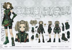 Rule 34 | 1girl, arm guards, bangs pinned back, bodysuit, boots, brown hair, camouflage, character sheet, combat boots, covered navel, cropped vest, fingerless gloves, gloves, green eyes, hair ornament, hairclip, highres, non-web source, official art, saitou masatsugu, shania (xenoblade), skirt, twintails, vest, x hair ornament, xenoblade chronicles (series), xenoblade chronicles 3