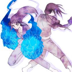Rule 34 | 1boy, 1girl, artist request, attack, back-to-back, bandages, barefoot, blue hair, breasts, brown hair, chakra, closed mouth, collarbone, cousins, determined, empty eyes, fighting stance, floating hair, hair tie, hands up, headband, hyuuga hinata, hyuuga neji, large breasts, long hair, looking at viewer, looking to the side, naruto, naruto (series), naruto shippuuden, outstretched arms, pants, ponytail, running, serious, shadow, shirt, stance, standing, white eyes