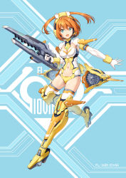 Rule 34 | 1girl, :d, armor, armored boots, blue background, blue eyes, boots, breasts, character name, cleavage, clothing cutout, full body, gloves, groin, gun, hair between eyes, headgear, headset, highres, holding, holding gun, holding weapon, jet engine, looking at viewer, mecha musume, medium breasts, navel, navel cutout, open mouth, orange hair, original, pinakes, rigging, short hair, shrug (clothing), sidelocks, skindentation, smile, solo, tagme, thighhighs, two side up, weapon, white gloves, white thighhighs, yellow armor