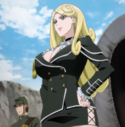 Rule 34 | 1boy, 1girl, blonde hair, breasts, choker, cleavage, cloud, green eyes, hat, highres, katsute kami datta kemonotachi e, large breasts, liza renecastle, long hair, military, military hat, military uniform, outdoors, screencap, sky, standing, stitched, third-party edit, uniform