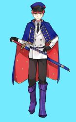 Rule 34 | 1boy, alternate costume, appleale19, artoria caster (fate), artoria caster (fate) (cosplay), artoria caster (second ascension) (fate), artoria pendragon (fate), blue background, boots, buttons, cloak, cosplay, costume switch, emiya shirou, fate/grand order, fate (series), formal, full body, gloves, hand on own hip, katana, looking at viewer, male focus, necktie, orange hair, senji muramasa (fate), sheath, sheathed, simple background, smile, solo, suit, sword, weapon, yellow eyes