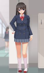 Rule 34 | 2girls, arm at side, black hair, black jacket, blouse, blue eyes, blurry, blurry background, blush, bow, bowtie, buttons, collared shirt, day, double-breasted, eto, full body, grey skirt, hallway, hand on own hip, highres, indoors, jacket, kneehighs, long sleeves, looking at viewer, looking to the side, miniskirt, multiple girls, original, parted lips, pleated skirt, pocket, school uniform, shirt, shoes, skirt, socks, solo focus, standing, striped bow, striped bowtie, striped clothes, striped neckwear, sweater vest, two side up, uwabaki, white shirt, white socks, window