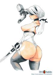 Rule 34 | 1girl, absurdres, android, ass, bare shoulders, breasts, corset, curvy, elbow gloves, female focus, gloves, hairband, highres, hip focus, holding, holding weapon, huge ass, leotard, nier (series), nier:automata, nipples, short hair, sideboob, sword, thick thighs, thighhighs, thighs, thong leotard, toshio (arttoshio), traditional media, weapon, wide hips, 2b (nier:automata)