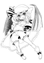 Rule 34 | 1girl, bat wings, bloomers, blush, dress, female focus, greyscale, hat, highres, kazumi yoshiyuki, looking at viewer, midriff, monochrome, navel, open mouth, pointing, pointing at viewer, remilia scarlet, short hair, solo, touhou, underwear, wings, wrist cuffs