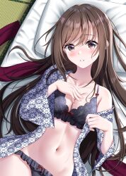 Rule 34 | 1girl, absurdres, blush, bra, breasts, brown hair, cleavage, collarbone, highres, hominotsu, japanese clothes, kimono, large breasts, long hair, looking at viewer, lying, navel, on back, on bed, open clothes, open mouth, original, panties, purple eyes, solo, underwear, yukata