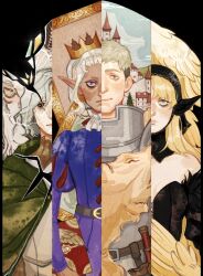 Rule 34 | 1girl, 3boys, armor, bags under eyes, bare shoulders, belt, black dress, black hood, blonde hair, book, breasts, broken glass, brown eyes, castle, cleavage, cloak, closed mouth, column lineup, commentary, crown, dark-skinned male, dark skin, delgal (dungeon meshi), detached hood, detached sleeves, dress, dungeon meshi, ear covers, elf, english commentary, exhausted, feathered wings, frown, glass, goat (dungeon meshi), gorget, green cloak, green eyes, grey hair, grimoire, hair between eyes, highres, holding, holding book, hood, hood down, hood up, hooded cloak, horizontal pupils, juliet sleeves, laios touden, long hair, long sleeves, looking at viewer, marcille donato, marcille donato (lord), mithrun, multiple boys, neck ruff, official alternate costume, pelt, picture frame, plate armor, pointy ears, portrait (object), puff and slash sleeves, puffy sleeves, purple eyes, sad, short hair, sky, smile, split crop, spoilers, stained glass, sword, thistle (dungeon meshi), trait connection, tunic, undercut, uniform, upper body, weapon, white hair, winged lion (dungeon meshi), wings, yarrreg, yellow wings