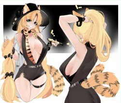 Rule 34 | 1girl, absurdres, alternate breast size, animal ear piercing, animal ears, arknights, arms up, black dress, black headwear, blonde hair, breasts, center opening, cleavage, dress, drill hair, drill sidelocks, ears through headwear, from side, green eyes, highres, holding, holding stick, large breasts, long hair, looking at viewer, multiple views, naxius noxy, official alternate costume, sideboob, sidelocks, skindentation, stick, swire (arknights), swire the elegant wit (arknights), tail, thigh gap, tiger ears, tiger girl, tiger tail, tying hair, very long hair