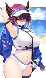 Rule 34 | 1girl, animal ears, arknights, arm behind head, arm strap, arm up, armpits, bikini, blue jacket, bottle, breasts, commentary request, cow ears, cow horns, cowboy shot, fingerless gloves, gloves, hair between eyes, hat, highres, horns, jacket, large breasts, long sleeves, looking at viewer, mari0ball, navel, official alternate costume, open clothes, open jacket, parted lips, purple hair, sideroca (arknights), sideroca (light breeze) (arknights), solo, standing, stomach, swimsuit, thigh strap, visor cap, white bikini, white hat, yellow eyes