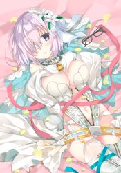 Rule 34 | 1girl, bed sheet, black-framed eyewear, blue ribbon, blue wings, blush, breasts, bridal veil, center opening, chain, commentary request, cosplay, detached collar, unworn eyewear, fairy wings, fate/grand order, fate (series), flower, garter straps, glasses, gloves, hair flower, hair ornament, hair over one eye, hair ribbon, hands on own chest, highleg, highleg leotard, highres, large breasts, leotard, lock, long sleeves, looking at viewer, lying, mash kyrielight, navel, nero claudius (bride) (fate), nero claudius (bride) (fate) (cosplay), nero claudius (bride) (second ascension) (fate), nero claudius (fate), nero claudius (fate) (all), on back, padlock, parted lips, pink hair, purple eyes, ribbon, satsuki mayuri, smile, solo, strapless, strapless leotard, thighhighs, unzipped, veil, white gloves, white leotard, white thighhighs, wings