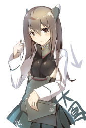 Rule 34 | 10s, 1girl, alternate hair length, alternate hairstyle, anchor hair ornament, bad id, bad pixiv id, blush, book, breasts, brown eyes, brown hair, covered erect nipples, hair ornament, headband, headgear, highres, holding, holding book, kantai collection, long hair, long sleeves, meth (emethmeth), playing with own hair, pleated skirt, simple background, skirt, small breasts, solo, taihou (kancolle), white background