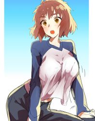 Rule 34 | 1girl, asagi-so, blush, breasts, brown hair, emiya shirou, fate/stay night, fate (series), genderswap, genderswap (mtf), gradient background, large breasts, leaning forward, looking to the side, raglan sleeves, shirt, simple background, sitting, sketch, taut clothes, taut shirt, upper body, yellow eyes