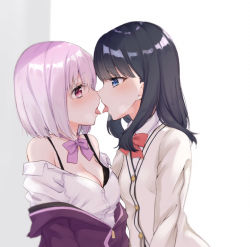 Rule 34 | 2girls, after kiss, asymmetrical docking, black hair, blue eyes, blush, bow, bowtie, breast press, breasts, cardigan, cleavage, clothes down, commentary request, couple, eye contact, female focus, french kiss, gridman universe, hair between eyes, jacket, kiss, long hair, long sleeves, looking at another, medium breasts, mochiko (uyu omochi), multiple girls, neck, off shoulder, open clothes, open jacket, open shirt, purple hair, purple jacket, purple neckwear, red eyes, red neckwear, saliva, saliva trail, shade, shinjou akane, shirt, short hair, small breasts, ssss.gridman, takarada rikka, tongue, tongue out, white cardigan, white shirt, yuri