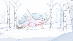 Rule 34 | &gt; &lt;, 1girl, afterimage, birch tree, bishoujo mangekyou, bishoujo mangekyou (series), bishoujo mangekyou ibun: yuki onna, blue hair, chibi, closed eyes, forest, game cg, hair ornament, happoubi jin, holding, holding sword, holding weapon, japanese clothes, katana, kimono, long hair, nature, open mouth, outdoors, shirayuki hime (bishoujo mangekyou), snow, solo, sword, tree, weapon, white kimono, yuki onna