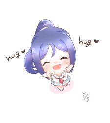 Rule 34 | 1girl, blue hair, blush, chibi, chokueji, closed eyes, english text, grey skirt, heart, highres, incoming hug, love live!, love live! sunshine!!, matsuura kanan, neckerchief, open mouth, outstretched arms, pleated skirt, ponytail, red neckerchief, sailor collar, school uniform, serafuku, simple background, skirt, smile, solo, spread arms, uranohoshi school uniform, white background