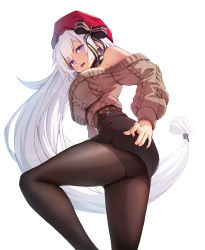 Rule 34 | 1girl, absurdres, aran sweater, azur lane, bare shoulders, belfast (azur lane), belfast (shopping with the head maid) (azur lane), beret, black pantyhose, black skirt, blue eyes, breasts, brown sweater, cable knit, choker, fingernails, from below, hat, highres, large breasts, long hair, looking at viewer, looking down, low-tied long hair, nail polish, off-shoulder sweater, off shoulder, open mouth, pantyhose, pencil skirt, red hat, red nails, simple background, skirt, solar (happymonk), solo, sweater, thighs, very long hair, white background, white hair