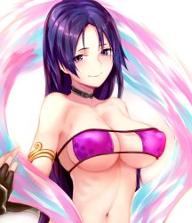 Rule 34 | 1girl, absurdres, arm guards, armlet, bare shoulders, bikini, black gloves, blush, breasts, choker, cleavage, collarbone, commentary request, elbow gloves, eyepatch bikini, fate/grand order, fate (series), fingerless gloves, gloves, highres, large breasts, long hair, looking at viewer, minamoto no raikou (fate), minamoto no raikou (fate/grand order), minamoto no raikou (swimsuit lancer) (fate), minamoto no raikou (swimsuit lancer) (third ascension) (fate), navel, parted bangs, purple bikini, purple eyes, purple hair, sash, simple background, smile, solo, sukemyon, swimsuit, upper body, very long hair, white background