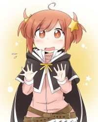 Rule 34 | 1girl, ahoge, belt, black cape, blush, brown belt, brown eyes, cape, collar, commentary request, dash b, gradient background, hair ornament, hands up, highres, kirara (kirara fantasia), kirara fantasia, light brown hair, long sleeves, looking at viewer, open hands, open mouth, pink shirt, shirt, short hair, short twintails, simple background, solo, star (symbol), star hair ornament, twintails, upper body, white collar