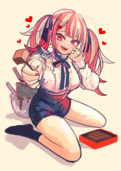 Rule 34 | 1girl, blush, bowl, box, center frills, chocolate, earrings, facial mark, food, frills, full body, hair ornament, hair ribbon, hand on own cheek, hand on own face, heart, heart-shaped pupils, heart earrings, heart facial mark, heart hair ornament, high-waist shorts, holding, holding food, incoming food, jewelry, long hair, long sleeves, multicolored hair, nail polish, neck ribbon, open mouth, original, pink eyes, pink hair, ribbon, shinobu wo, shirt tucked in, shorts, sitting, smile, socks, streaked hair, symbol-shaped pupils, twintails, two-tone hair, valentine, wariza, white hair