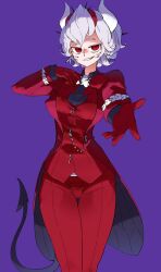 Rule 34 | 1girl, beelzebub (helltaker), coat, cowboy shot, demon horns, demon tail, earrings, freckles, gloves, helltaker, highres, horns, jewelry, looking at viewer, oioidaddy, pants, parted lips, purple background, red coat, red eyes, red gloves, red pants, red vest, short hair, simple background, smile, solo, tail, vest, white hair, white horns