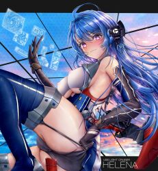 Rule 34 | 1girl, absurdres, ahoge, azur lane, bare shoulders, blue footwear, blue hair, blush, boots, breasts, character name, closed eyes, commander kei, commentary request, covered erect nipples, dress, elbow gloves, garter straps, gloves, hair ornament, helena (azur lane), highres, long hair, multicolored hair, pink eyes, rudder footwear, short dress, small breasts, solo, thigh boots, two-tone hair, very long hair