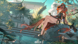 Rule 34 | 1girl, architecture, asymmetrical dress, bare shoulders, breasts, bright pupils, chinese hairpin, circle facial mark, cloud, commentary request, dress, east asian architecture, flower hairpin, gloves, hair ornament, hair stick, hairband, high heels, high ponytail, highres, large breasts, leaf, long hair, looking at viewer, multiple moles, outdoors, purple eyes, red hair, sitting, sky, teapot, thighs, toto (caaaaarrot), tree, very long hair, water, wuthering waves, yinlin (wuthering waves)