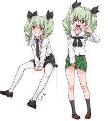 Rule 34 | 1girl, 2022, :d, alternate costume, anchovy (girls und panzer), anzio school uniform, black footwear, black neckerchief, black necktie, black ribbon, black skirt, black socks, blouse, brown footwear, clothes lift, commentary, dress shirt, drill hair, emblem, girls und panzer, green hair, green skirt, grin, hair ribbon, highres, invisible chair, lifted by self, loafers, long hair, long sleeves, looking at viewer, miniskirt, multiple views, neckerchief, necktie, ooarai school uniform, open mouth, pantyhose, pleated skirt, red eyes, ribbon, sailor collar, school uniform, serafuku, shirt, shoes, simple background, sitting, skirt, skirt lift, smile, socks, standing, suzuki24, twin drills, twintails, v, v arms, white background, white pantyhose, white sailor collar, white shirt, wing collar
