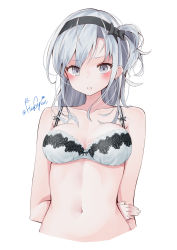 Rule 34 | 1girl, absurdres, blush, bra, breasts, cropped torso, grey eyes, haggy, hairband, highres, kantai collection, long hair, medium breasts, one side up, silver hair, simple background, solo, suzutsuki (kancolle), twitter username, underwear, upper body, white background, white bra