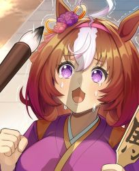 Rule 34 | 1girl, @ @, ahoge, alternate costume, animal ears, blush, breasts, brush, commentary request, female focus, hagoita, hair ornament, highres, horse ears, horse girl, japanese clothes, katwo, kimono, large breasts, medium hair, meisho doto (padding sores should she go flying) (umamusume), meisho doto (umamusume), nervous sweating, open mouth, paddle, portrait, sexually suggestive, shadow, solo, sweat, tears, trembling, umamusume