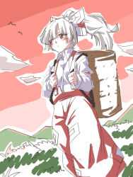 Rule 34 | 1girl, alternate hairstyle, baggy pants, basket, bird, bow, buttons, cloud, collared shirt, fujiwara no mokou, hair bow, highres, hill, hime cut, holding strap, isagi, long sleeves, ofuda, ofuda on clothes, pants, ponytail, red eyes, red pants, red sky, ribbon, shirt, sidelocks, sky, sleeve garter, suspenders, touhou, white hair, white shirt