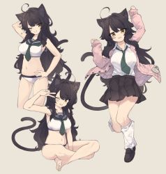 Rule 34 | 1girl, :d, ;d, ahoge, animal ear fluff, animal ears, arm up, bandaid, bandaid on face, bikini, black footwear, black hair, black sailor collar, black skirt, breasts, brown background, cardigan, cat ears, cat girl, cat tail, collarbone, collared shirt, commentary request, dress shirt, green neckwear, grin, hand on own hip, highres, kneehighs, loafers, long hair, long sleeves, looking at viewer, loose socks, medium breasts, multiple views, natsuki teru, navel, necktie, one eye closed, open cardigan, open clothes, open mouth, original, pink cardigan, pleated skirt, sailor bikini, sailor collar, school uniform, serafuku, shirt, shoes, short necktie, simple background, skirt, sleeves past wrists, smile, socks, standing, standing on one leg, star (symbol), swimsuit, tail, v-shaped eyebrows, v over eye, very long hair, white bikini, white shirt, white socks, yellow eyes