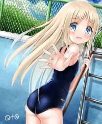 Rule 34 | 1girl, ass, blonde hair, blue eyes, blue one-piece swimsuit, blush, broom, chain-link fence, cloud, fence, from behind, kud wafter, kudpoid (71139), ladder, little busters!, long hair, looking back, noumi kudryavka, one-piece swimsuit, open mouth, outdoors, outstretched arm, outstretched hand, pool, school swimsuit, sky, solo, swimsuit, tears, thighs