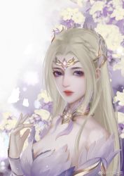 Rule 34 | 1girl, bare shoulders, blonde hair, blue eyes, bug, butterfly, choker, douluo dalu, dress, hair ornament, highres, insect, long hair, multicolored background, qian renxue (douluo dalu), qian renxue zhuye, solo, upper body, white butterfly, white dress