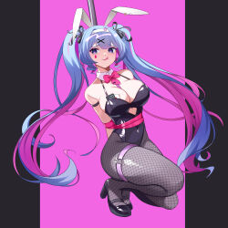 Rule 34 | 1girl, :q, absurdres, ace (playing card), ace of hearts, animal ears, arms behind back, bare shoulders, between breasts, black bow, black footwear, black leotard, blue eyes, blue hair, bound, bound arms, bound torso, bow, bowtie, breasts, card, clothing cutout, colored inner hair, covered navel, cutout above navel, detached collar, dopamine70, drill hair, fake animal ears, fishnet pantyhose, fishnets, grey pantyhose, hair bow, hair ornament, hairband, halterneck, hatsune miku, heart, heart cutout, high heels, highres, large breasts, leotard, long hair, looking at viewer, multicolored hair, necktie, o-ring, object in bra, on one knee, outside border, pantyhose, pillarboxed, pink background, pink bow, pink bowtie, pink hair, pink necktie, pink pupils, playboy bunny, playing card, pole, rabbit ears, rabbit hair ornament, rabbit hole (vocaloid), rabbit o-ring, short necktie, side drill, smile, solo, spaghetti strap, stripper pole, symbol-shaped pupils, teardrop facial mark, thigh strap, tongue, tongue out, twintails, two-tone hair, very long hair, vocaloid, x hair ornament