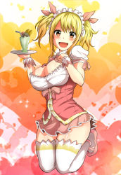 Rule 34 | 1girl, :d, bad id, bad pixiv id, blonde hair, blush, breasts, cleavage, dress, fairy tail, female focus, food, frills, full body, hazukashi goddamns, high heels, highres, ice cream, large breasts, lucy heartfilia, maid headdress, open mouth, pink dress, puffy short sleeves, puffy sleeves, pumps, short sleeves, smile, solo, spoon, sundae, thighhighs, tray, underbust, zettai ryouiki