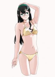 Rule 34 | 1girl, armpits, band, bikini, black hair, blue hairband, breasts, collarbone, cowboy shot, cropped legs, gold bikini, green eyes, hairband, hand on own head, kantai collection, long hair, looking to the side, navel, ojipon, ooyodo (kancolle), semi-rimless eyewear, simple background, small breasts, smile, solo, swimsuit, under-rim eyewear, white background